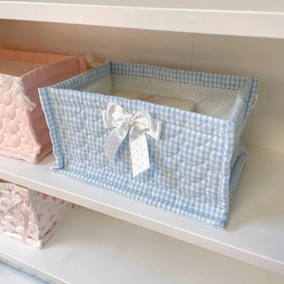 Cute Quilted Lace Storage Basket – Korean Desktop Organizer Bin for Cosmetics, Toys, Sundries & Home Décor
