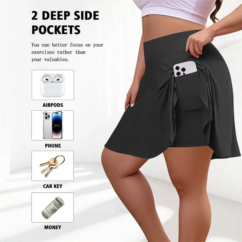 Plus Size Women's High-Waist Sports Skort with Pockets – Comfortable Solid Fitness Skirt for Gym, Outdoor Activities & Casual Wear