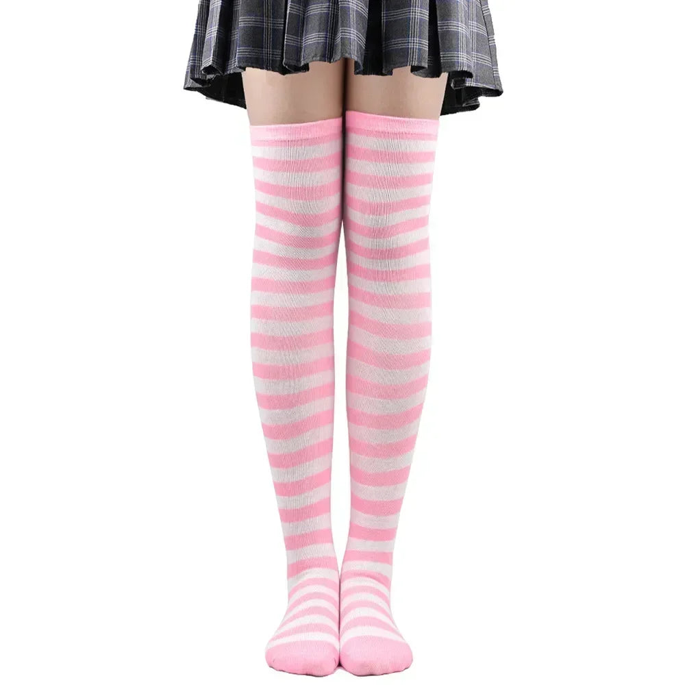 Thigh High Socks Women Over Knee Striped Polka Dot Stockings Black White Pink Lolita Cosplay Harajuku Y2K Kawaii