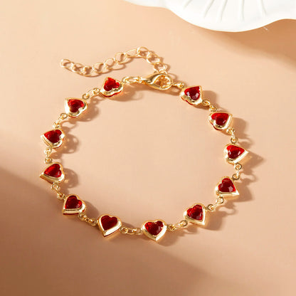 Elegante Pulsera de Zirconia de Cristal Rojo – Pulsera de Cadena Metálica con Corazón Colorido para Mujer, Boda, Fiesta y Joyería de Regalo