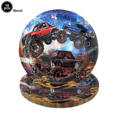 Monster Truck Birthday Party Supplies – Disposable Plates, Napkins, Banner & Tablecloth for Kids' Boys' 2nd Birthday Decorations