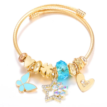 Pulsera con colgante de corazón y cuentas – Pulsera de abalorios de acero inoxidable de 4 colores para mujer | Regalo de joyería de moda dorada de tendencia