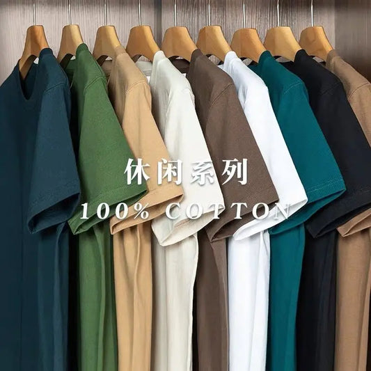 Camiseta de algodón grueso unisex – Manga corta de color liso 450G, camiseta extragrande, top informal de cuello redondo para hombre y mujer