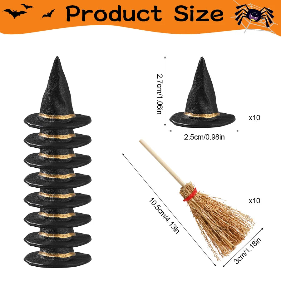 20PCS Mini Witch Hats & Brooms Cake Toppers – Halloween Wizard Hat Cake Decorations for Wedding, Birthday Party & DIY Crafts