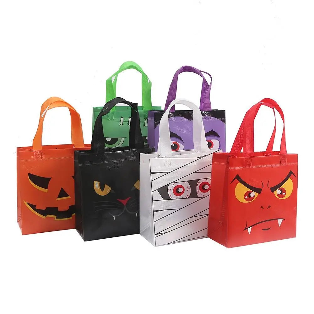 Halloween Pumpkin Candy Bags for Kids, Non-Woven Trick or Treat Loot Bags, Cute Ghost Bat and Cat Treat Bags, Halloween Goodie Bags, Party Favors and Holiday Gift Bags