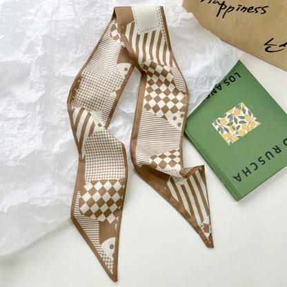 Khaki Nude Silk Scarf Hair Band – Vintage Satin Ribbon Bow Hair Accessory for Women | Elegant Fashion Hair Tie