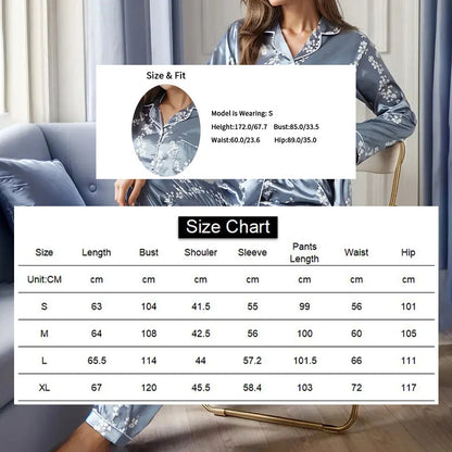 Women's Satin Pajama Set – 2-Piece Long Sleeve Button-Up Top & Pants, Soft Autumn Sleepwear & Loungewear
