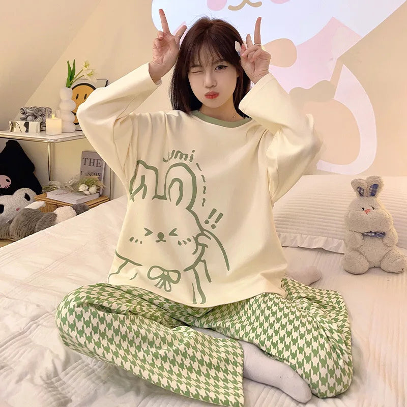 Women's Spring & Fall Pajama Set – Cute Cartoon Long-Sleeve Lightweight Sleepwear for Girls, Students & Homewear