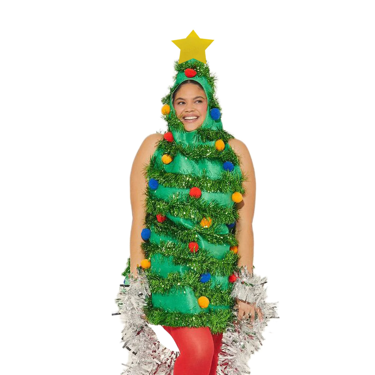 Women's Christmas Tree Costume Dress, Sleeveless Green Tinsel Hooded Dress with Colorful Ball Ornaments, Adult Christmas Cosplay Outfit for Holiday Parties and Festive Events