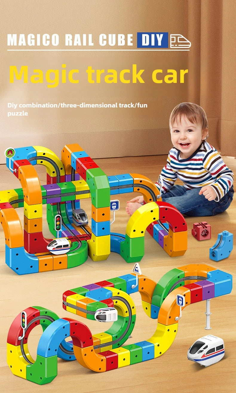 Ensemble de construction de train magique – Jouet de labyrinthe de voiture de rail magnétique électrique pour enfants, cadeau éducatif STEM