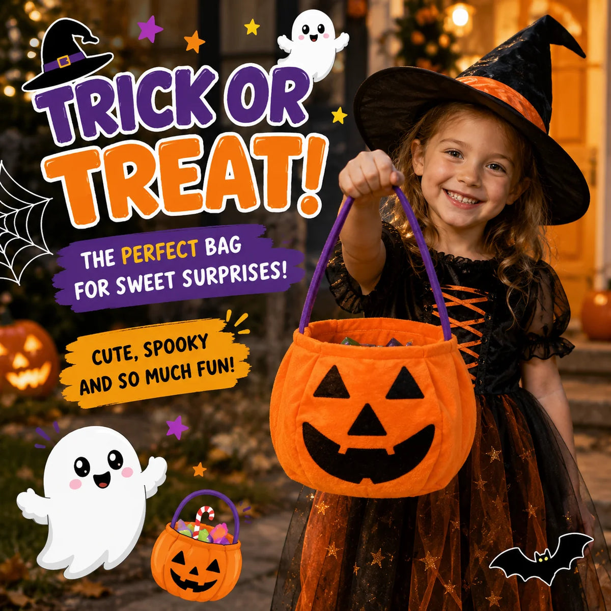 1PC Halloween Plush Candy Bag, Pumpkin Cat Vampire Witch Treat Basket, Portable Trick or Treat Tote for Kids, Halloween Party Decorations, Candy Storage and Gift Bag