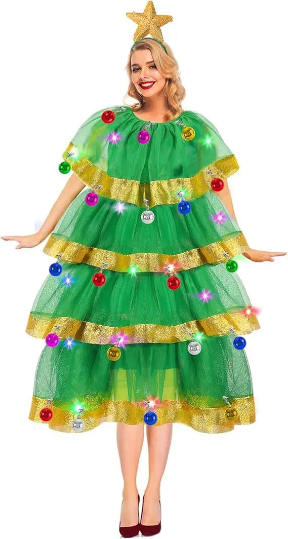 Women's 2026 Christmas Tree Costume Set with Headband and Bells, Festive Tree Skirt Party Outfit for Christmas Cosplay, Holiday Celebrations and Fancy Dress Parties