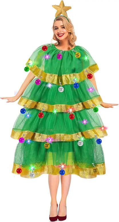 Women's 2026 Christmas Tree Costume Set with Headband and Bells, Festive Tree Skirt Party Outfit for Christmas Cosplay, Holiday Celebrations and Fancy Dress Parties