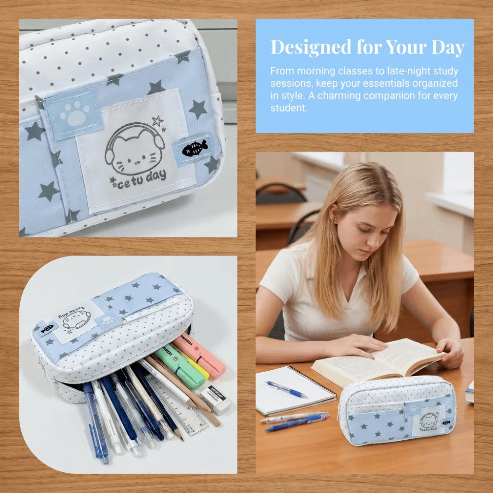 Trousse à crayons Chat à pois – Sac à stylos mignon grande capacité multi-couches, Organisateur de papeterie élégant pour l'école, le bureau et l'utilisation quotidienne