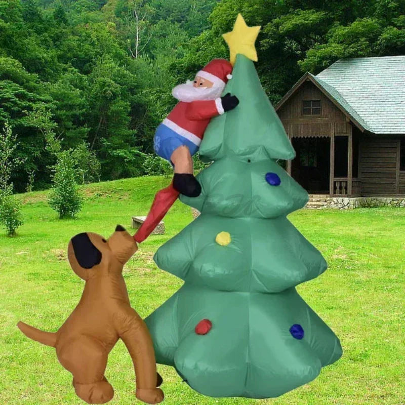 1.8M Inflatable Christmas Decoration – Dog Chasing Santa Claus on Tree Climbing Scene with Lights for Xmas Home & Party Decor