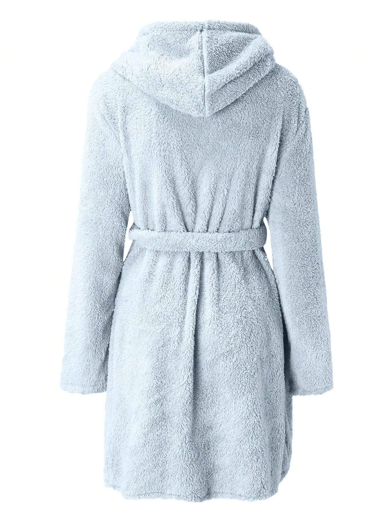 Women’s Hooded Fleece Robe – Solid Color Cozy Warm Bathrobe with Belt for Autumn & Winter Home Wear