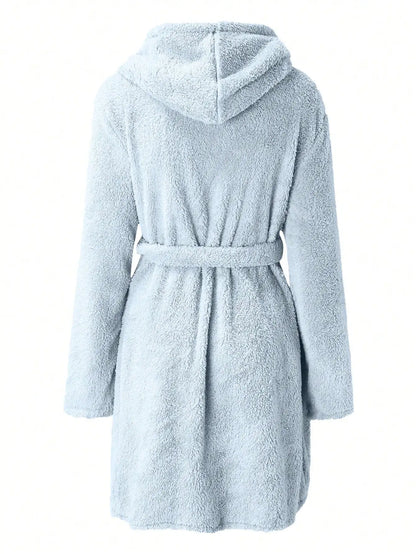 Women’s Hooded Fleece Robe – Solid Color Cozy Warm Bathrobe with Belt for Autumn & Winter Home Wear