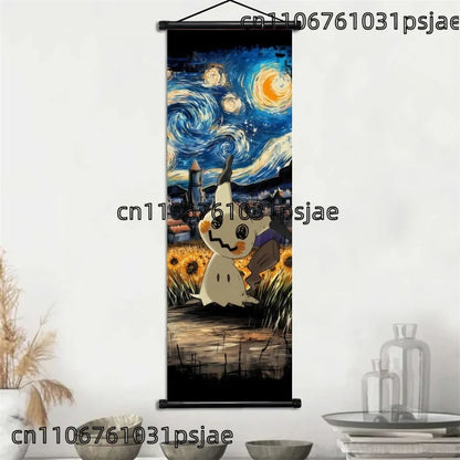 Pokémon Gengar, Squirtle y Mimikyu Noche Estrellada – Lienzo Decorativo Enrollable para Pared – Regalo para Decoración del Hogar