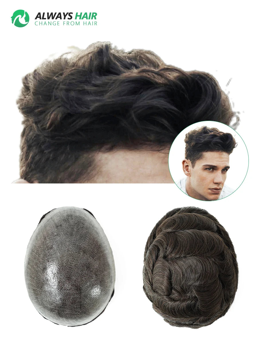 0.12-0.14mm PU Skin Hombres Peluquín – Peluca de Sistema Capilar de Cabello Humano Indio de Grosor Completo | Reemplazo de Cabello Natural con 130% de Densidad