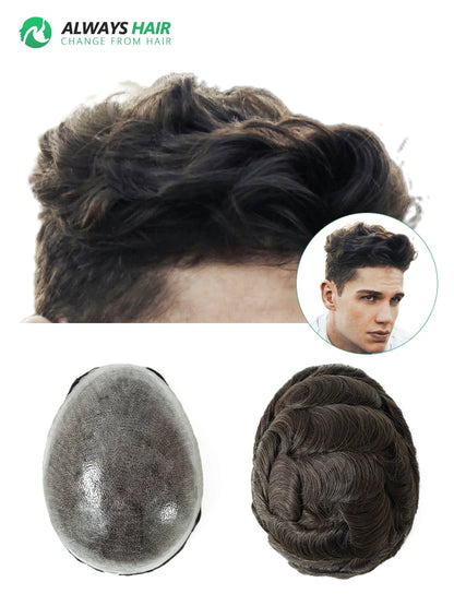 0.12-0.14mm PU Skin Hombres Peluquín – Peluca de Sistema Capilar de Cabello Humano Indio de Grosor Completo | Reemplazo de Cabello Natural con 130% de Densidad