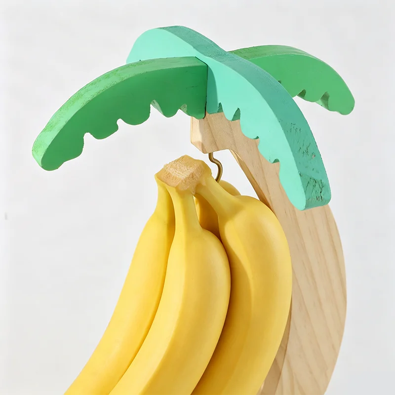 Wooden Banana Rack Hanging Kitchen Rack Simulated Leaf Decorative Fruit Vertical Storage Rack with Hook Kitchen Decoration