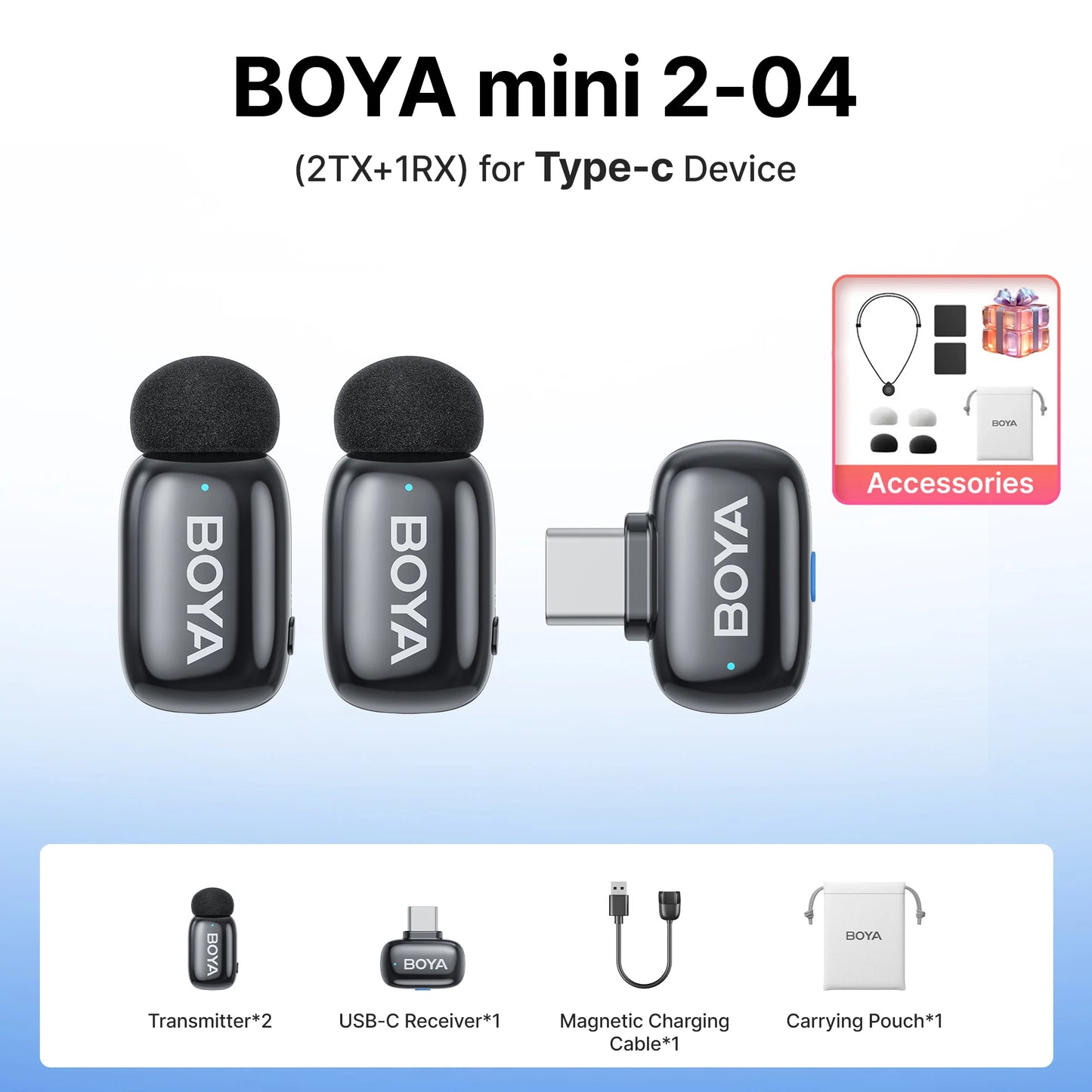 BOYA Mini 2 Wireless Lavalier Microphone – Mini Clip-On Mic with AI Noise Reduction for iPhone, Android & USB-C Video Recording