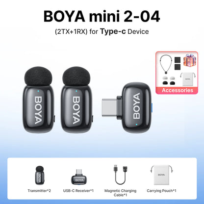 BOYA Mini 2 Wireless Lavalier Microphone – Mini Clip-On Mic with AI Noise Reduction for iPhone, Android & USB-C Video Recording