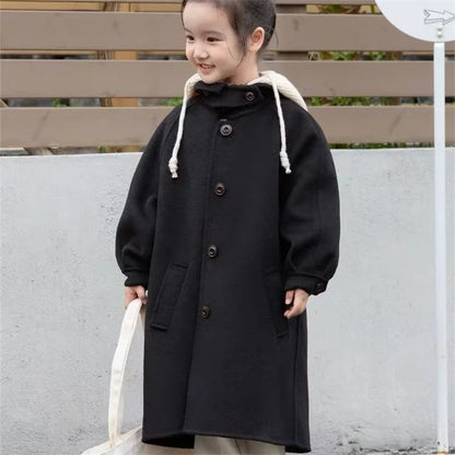 Girls Tweed Jacket, Medium-Length Hooded Coat for Kids, Warm Single-Breasted Autumn and Spring Overcoat, Casual Windbreaker Outerwear