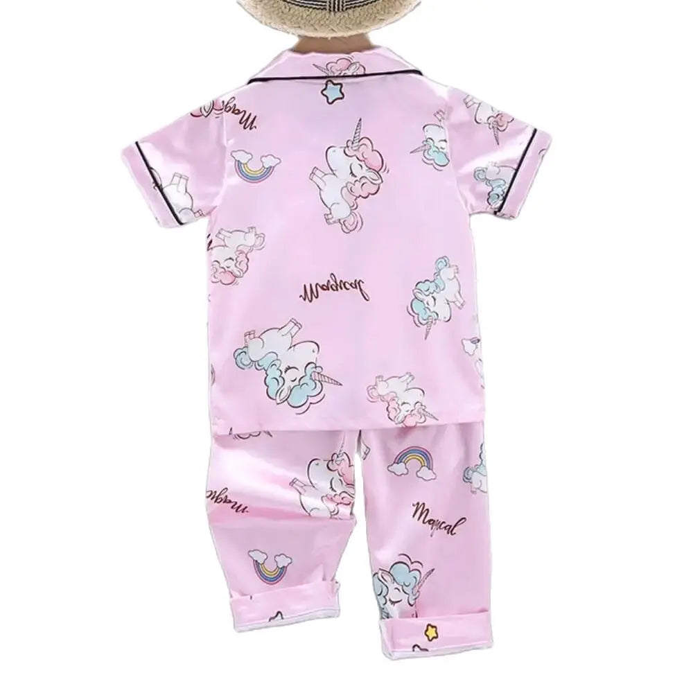 Conjunto de Pijama de Verano para Niñas – Conjunto de Pijama de Satén de Unicornio de Dibujos Animados de 2 Piezas | Ropa de Dormir Suave para Niños Pequeños con Aire Acondicionado