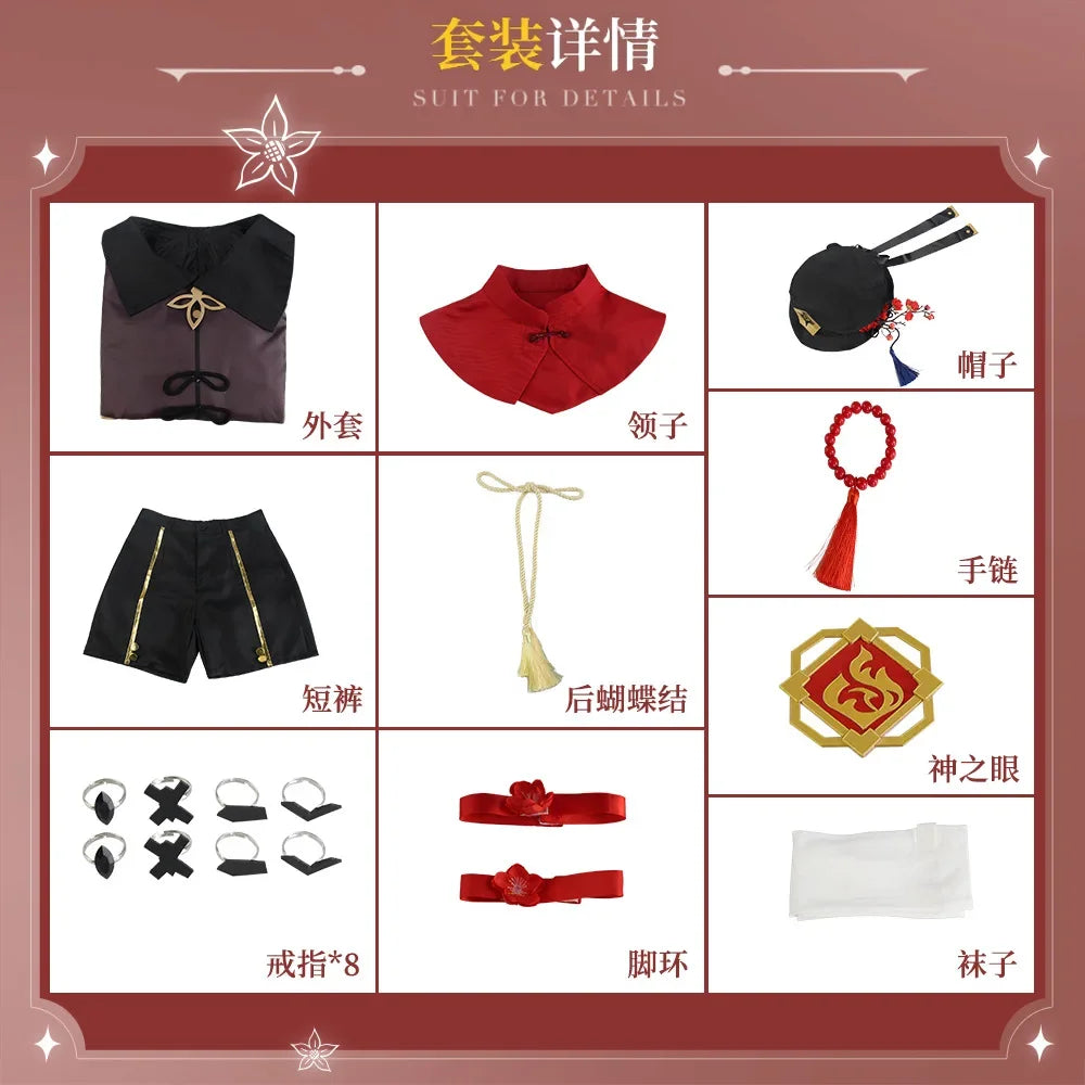 Hu Tao Cosplay Costume Uniforme, Costumes Deluxe, Robe, Chapeau, Chaussettes, Perruque, Accessoires, Bagues, Tenues Hutao
