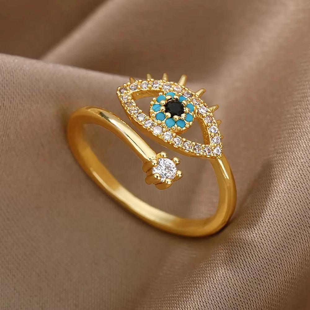 Anillo de circonita de acero inoxidable ajustable con diseño de ojo turco – Anillo de boda geométrico de color dorado para mujer | Regalo de joyería de lujo de moda