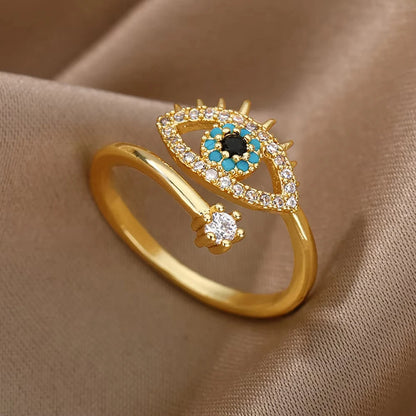 Anillo de circonita de acero inoxidable ajustable con diseño de ojo turco – Anillo de boda geométrico de color dorado para mujer | Regalo de joyería de lujo de moda