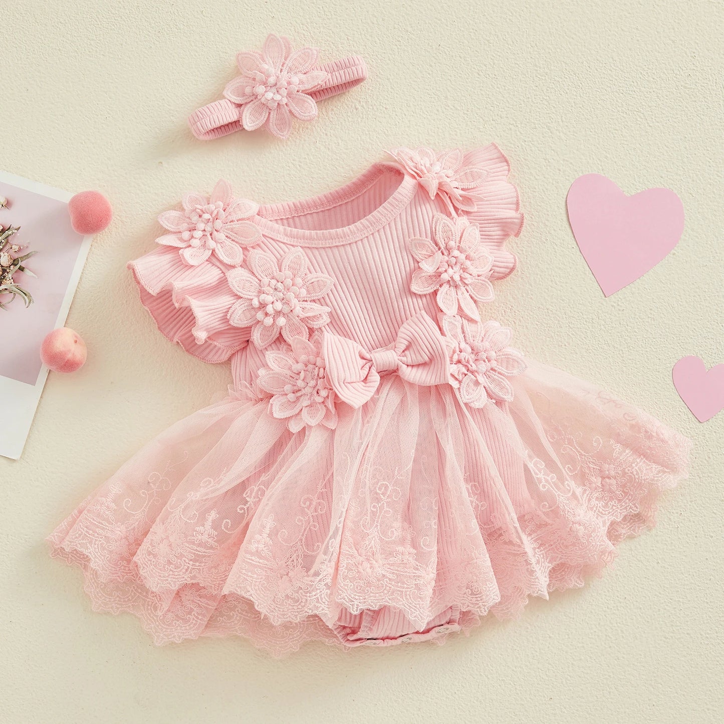 Vestido de mameluco 3D con flores para bebé – Body de malla de princesa de verano con volantes de encaje, conjunto de recién nacido con diadema a juego, ropa linda para niños para ocasiones especiales y uso diario