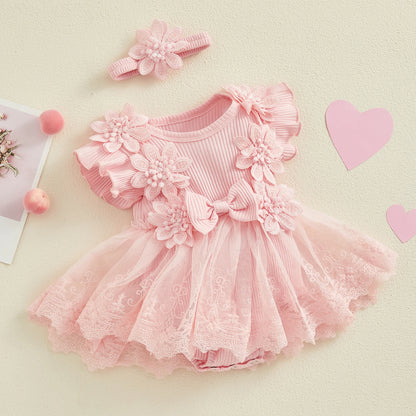 Vestido de mameluco 3D con flores para bebé – Body de malla de princesa de verano con volantes de encaje, conjunto de recién nacido con diadema a juego, ropa linda para niños para ocasiones especiales y uso diario