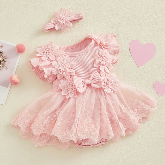 Vestido de mameluco 3D con flores para bebé – Body de malla de princesa de verano con volantes de encaje, conjunto de recién nacido con diadema a juego, ropa linda para niños para ocasiones especiales y uso diario