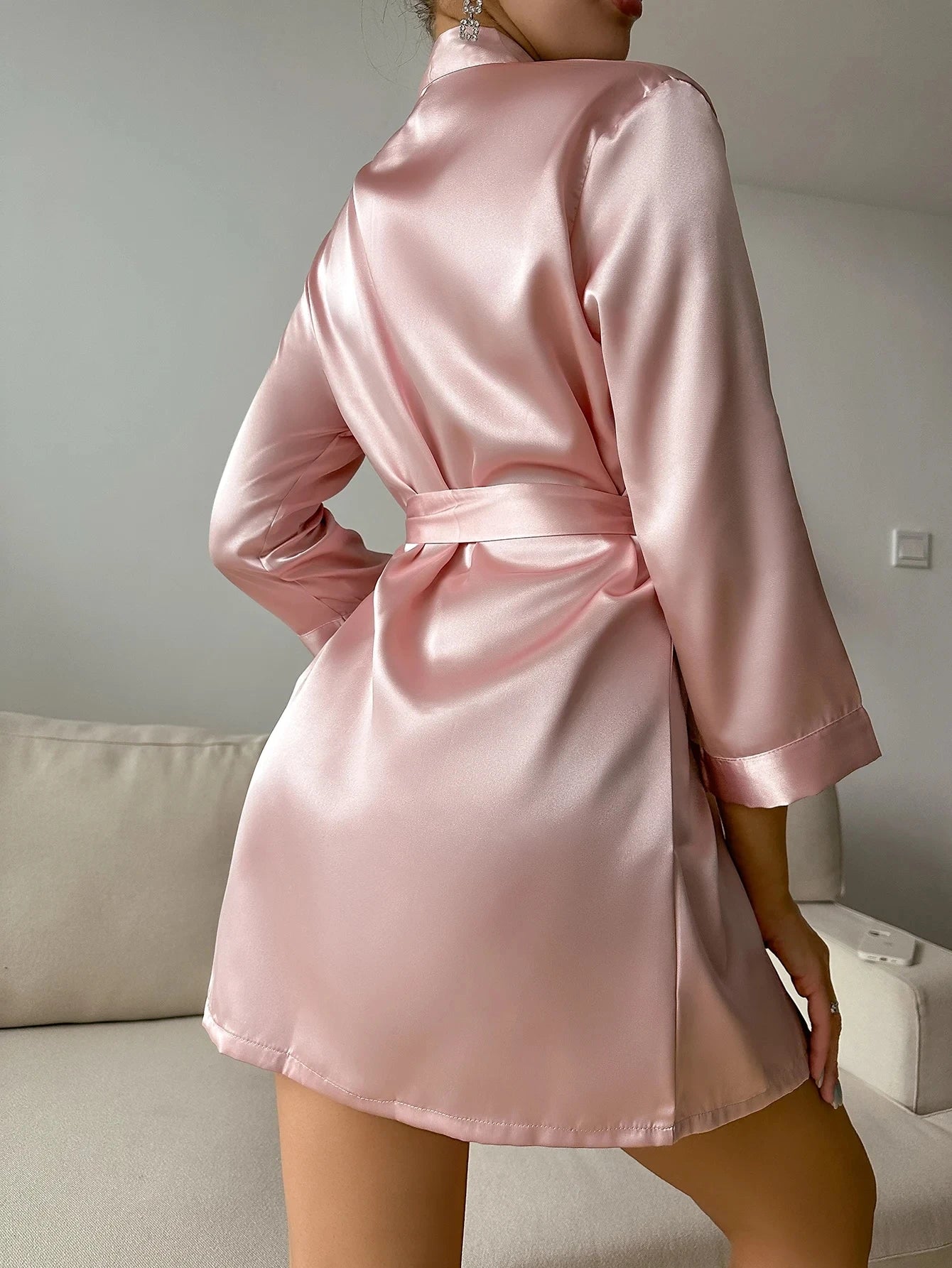 Women’s Summer Ice Silk Robe – Sexy Lace-Up Bathrobe Morning Gown Home Dress Loungewear
