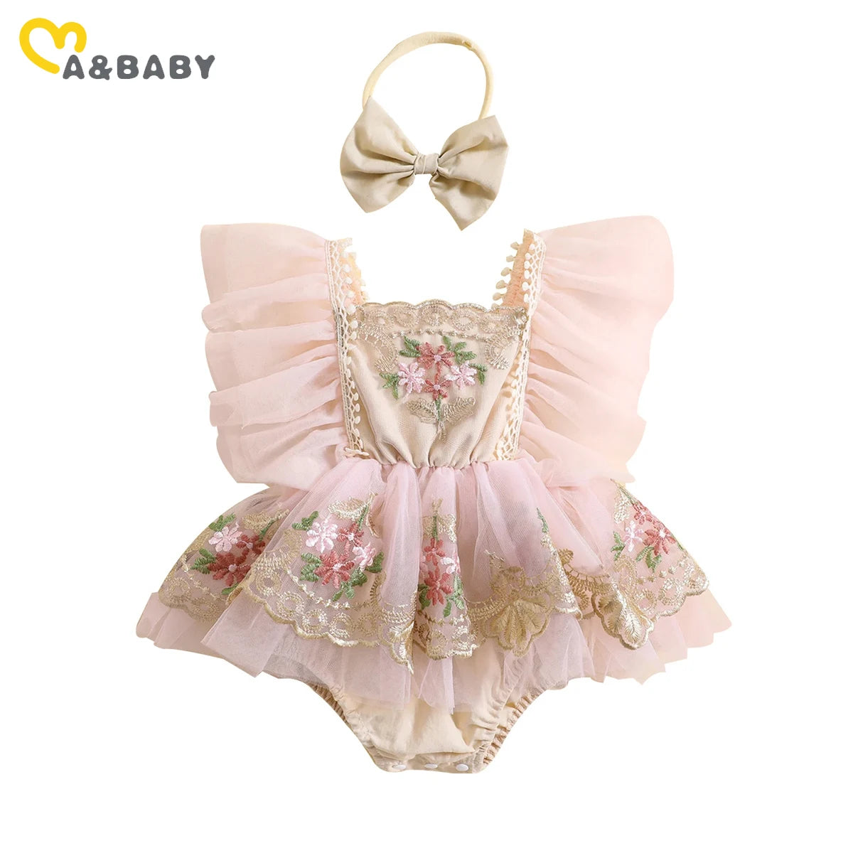 ma&baby Baby Girl Floral Embroidered Tulle Romper Princess Birthday Outfit 0–24 Months