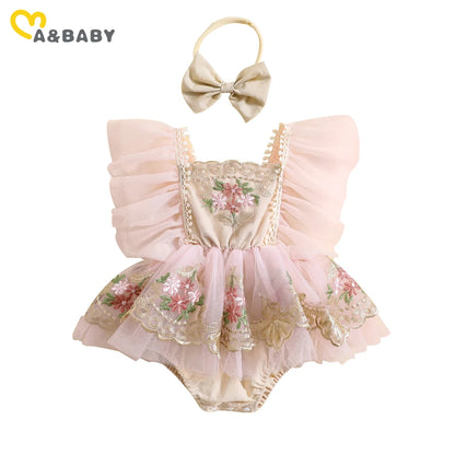 ma&baby Baby Girl Floral Embroidered Tulle Romper Princess Birthday Outfit 0–24 Months
