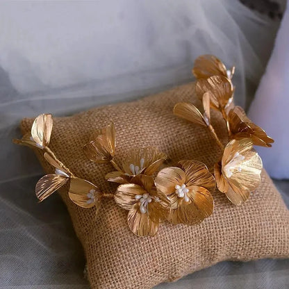Vintage Gold Floral Bridal Headband with Pearls – Fairy Wedding Tiara for Brides, Prom & Special Occasions