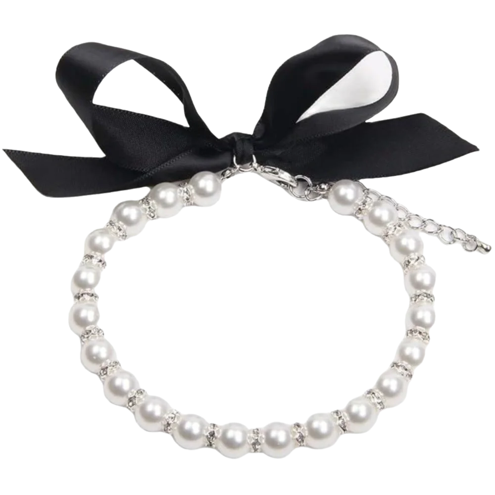 Adjustable Pearl Pet Collar – Bling Simulated Pearl Beaded Necklace with Elegant Bow Knot Ribbon for Cats & Small Dogs