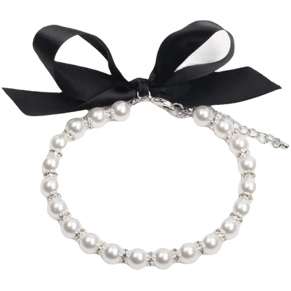 Adjustable Pearl Pet Collar – Bling Simulated Pearl Beaded Necklace with Elegant Bow Knot Ribbon for Cats & Small Dogs