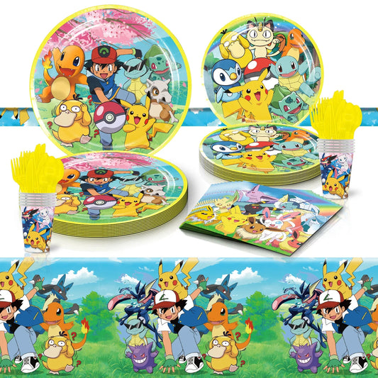 Decoración de fiesta de cumpleaños temática de Pokémon – Juego de vajilla de dibujos animados Pokémon Go (vasos, platos y globos de Pikachu) para baby shower y recuerdos de fiesta