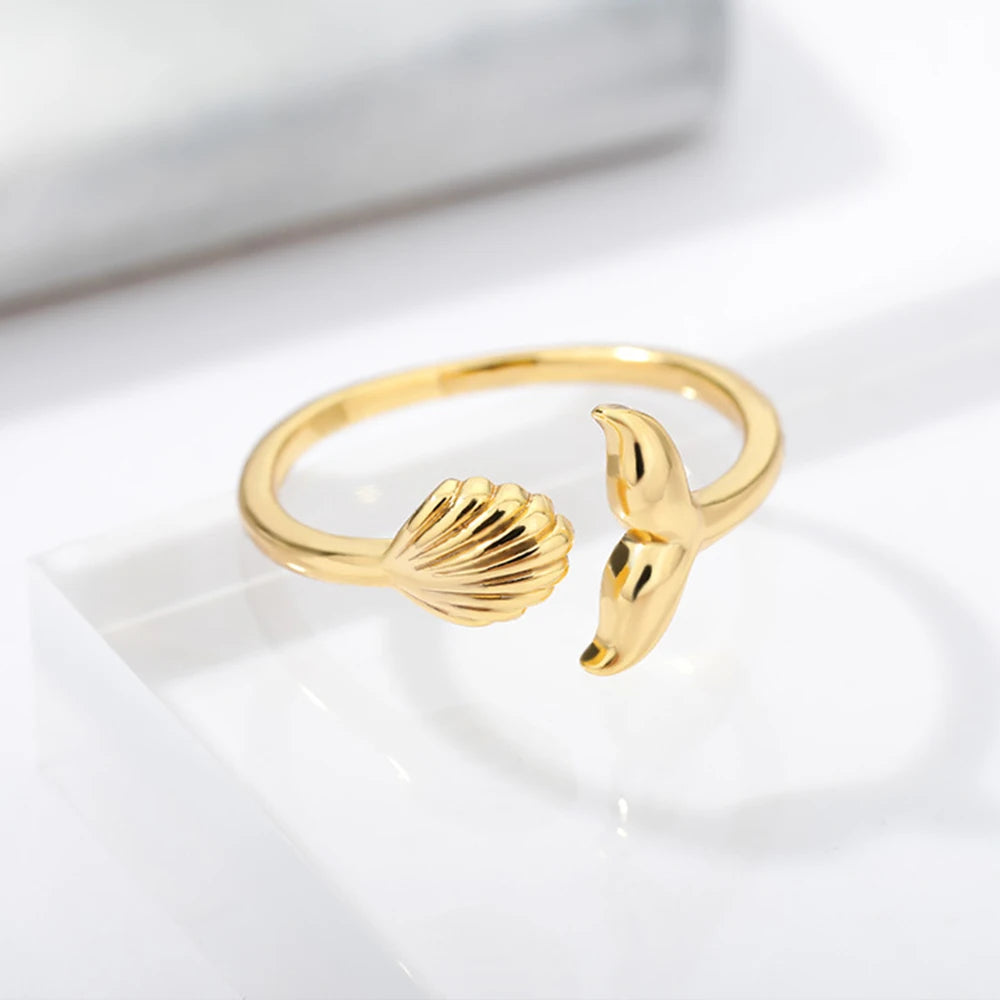 Gold Stainless Steel Starfish & Shell Ring – Adjustable Waterproof Beach-Inspired Ring for Women