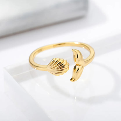Gold Stainless Steel Starfish & Shell Ring – Adjustable Waterproof Beach-Inspired Ring for Women