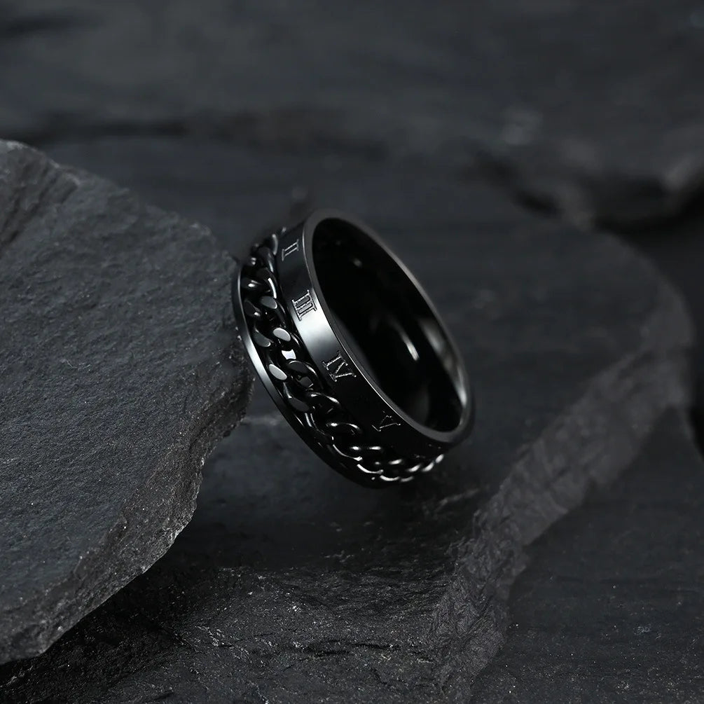 Roman Numeral Spinner Ring – Stainless Steel Chain Rotating Anxiety Fidget Ring for Men | Black Metal Stress Relief Jewelry