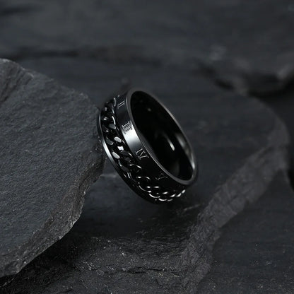 Roman Numeral Spinner Ring – Stainless Steel Chain Rotating Anxiety Fidget Ring for Men | Black Metal Stress Relief Jewelry