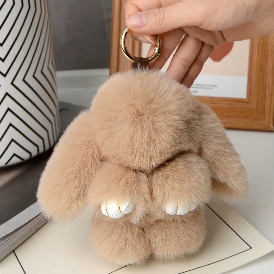 ZAKOL 15CM Fluffy Rabbit Fur Pompon Keychain – Soft Cute Bunny Plush Key Ring & Bag Charm, Adorable Gift Accessory for Girls