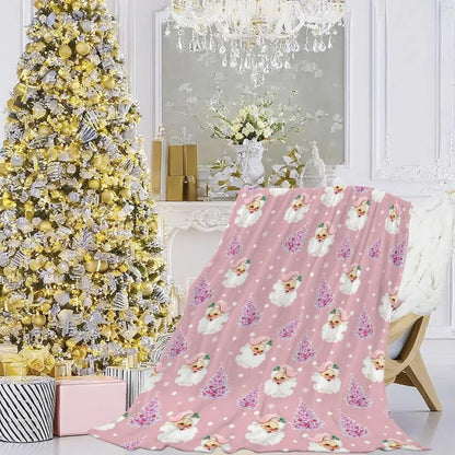 Soft Plush Christmas Blanket – Cute Santa Claus, Pink Christmas Tree & Snowflake Warm Throw Blanket for Couch & Holiday Home Decor