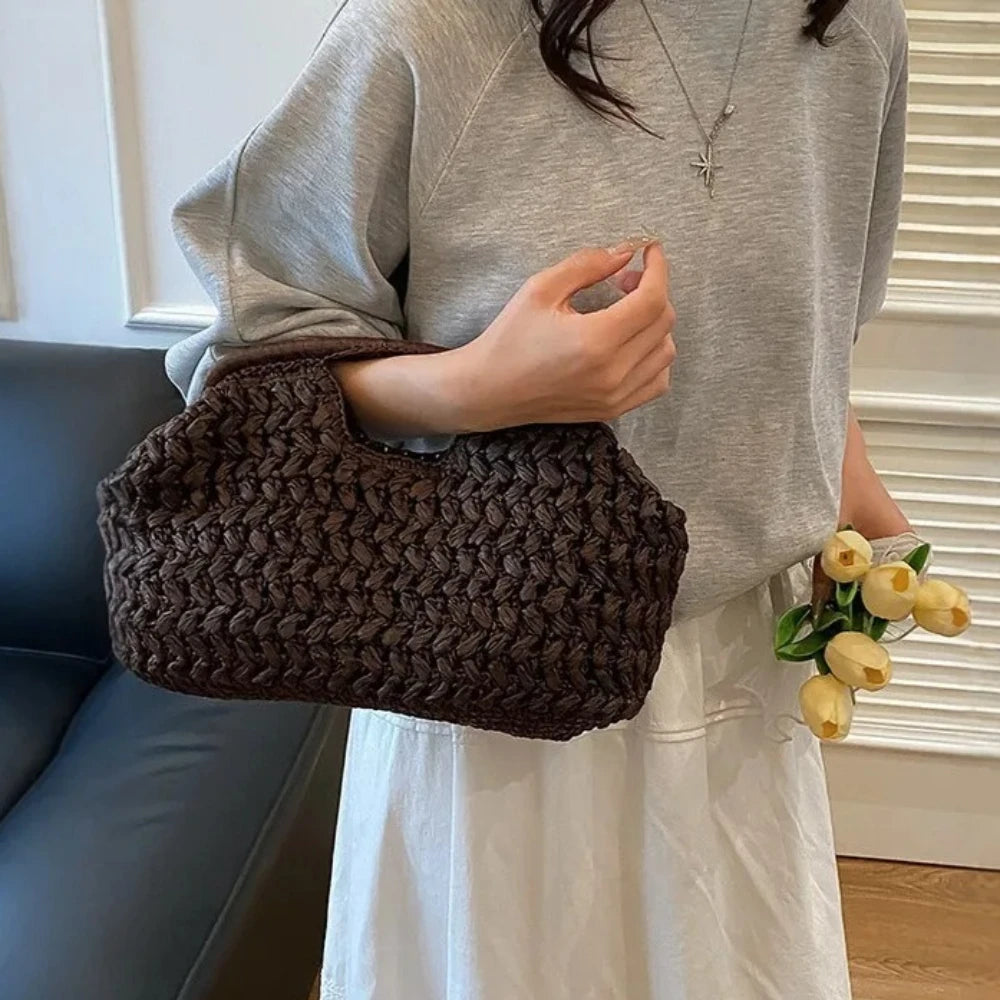 Bolso de playa de lujo de paja tejida para mujer - Bolso de mano de ratán de moda, Bolso de mano de verano para viajes, vacaciones, compras y salidas casuales, Bolso tejido a mano inspirado en el diseñador