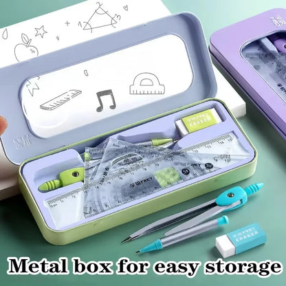 7PCS Geometry Ruler Set – Compass, Triangle Ruler & Protractor Student Math Kit in Storage Box